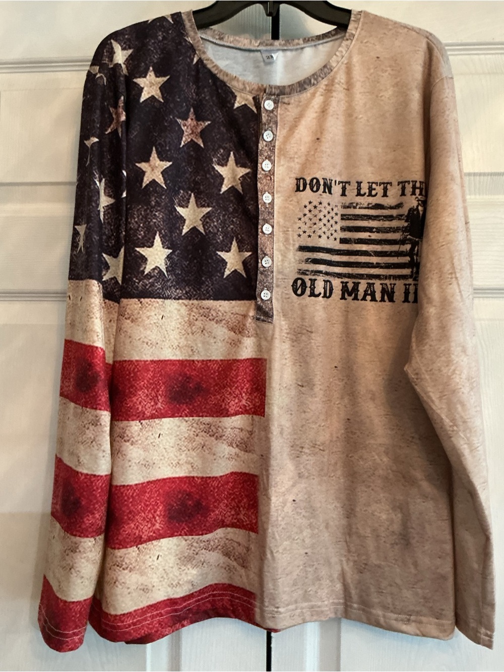 Men’s  Long-Sleeve Henley Top with American Flag Print - Red, Blue, Cream